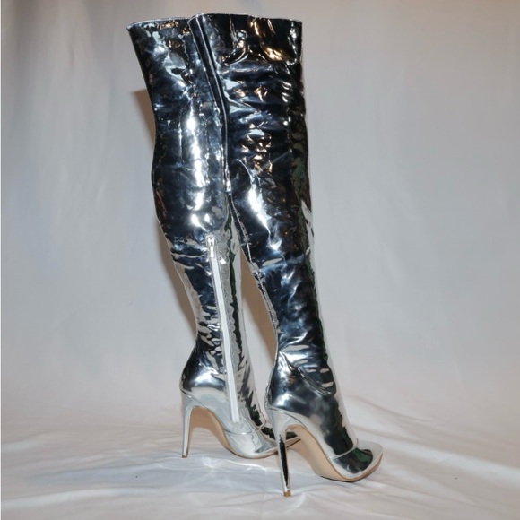 New FSJ Silver Metallic Pointed Toe Over The Knee Stiletto Boots Size 8 - Picture 6 of 11